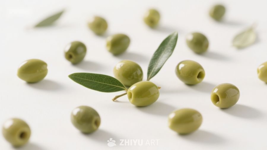 新鲜绿橄榄与枝叶的静物图 754