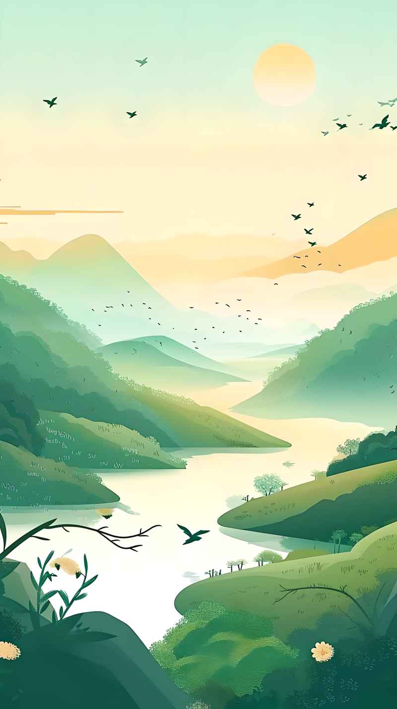 一幅卡通风景画上面有一条河和几只鸟 2