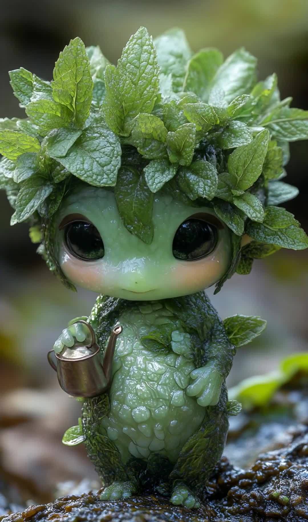 薄荷花环绿色生物与金色洒水壶