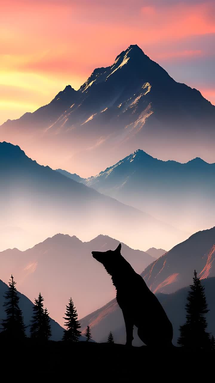 连绵的山脉横跨地平线，山峰触及淡粉色和橙色的天空。