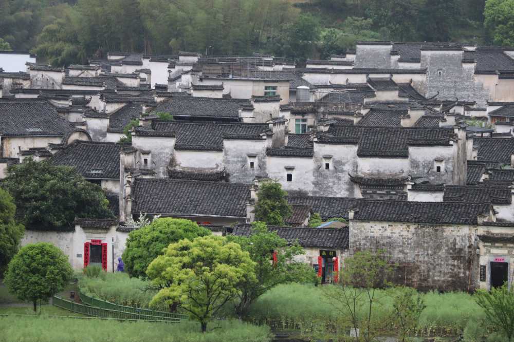 站在山顶，俯拍西递徽派古建筑