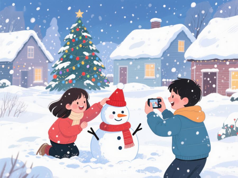 冬日雪景中孩子们与雪人的欢乐时光 101