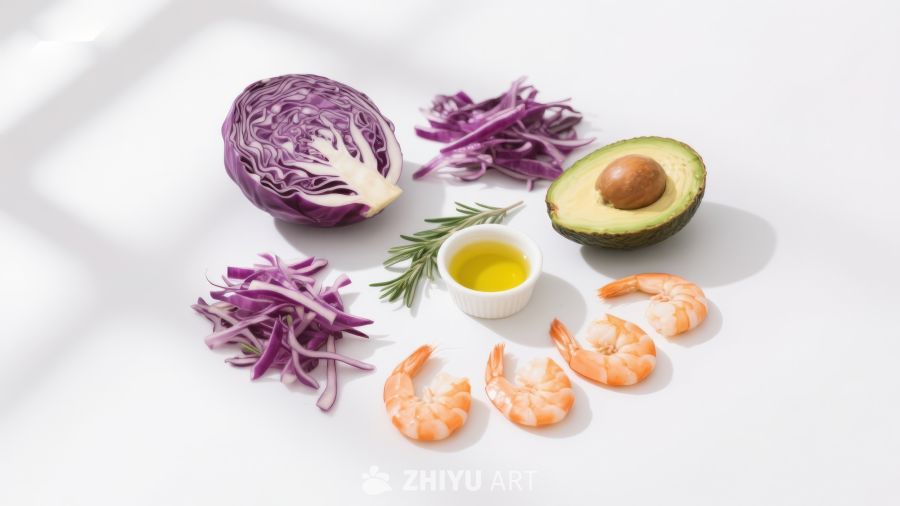 紫甘蓝虾仁牛油果食材摆拍