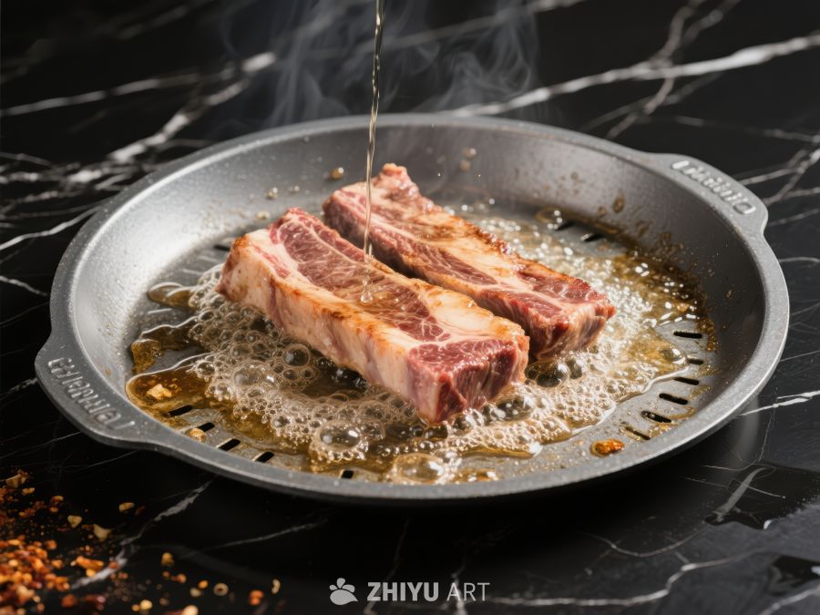 煎锅中的肉排烹饪