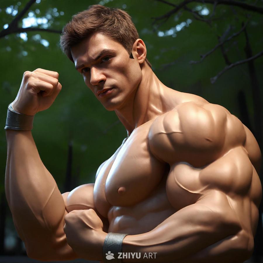 一个肌肉发达的3D男性，他的右手展示着手臂，左手指