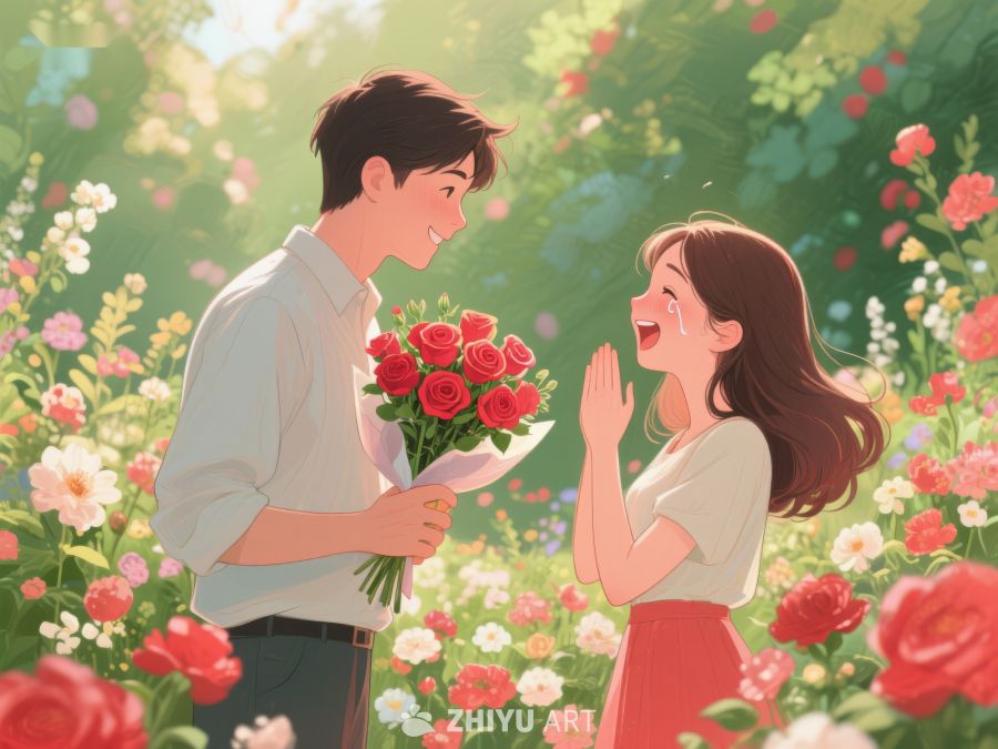 花丛中男子手捧玫瑰向女子表白 326