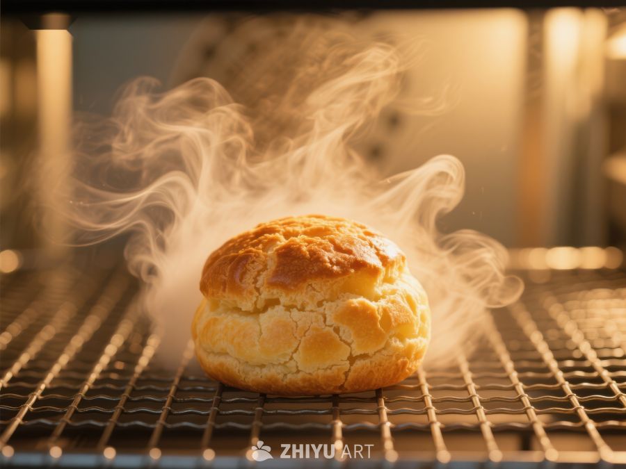 新鲜出炉的金黄色面包冒着热气