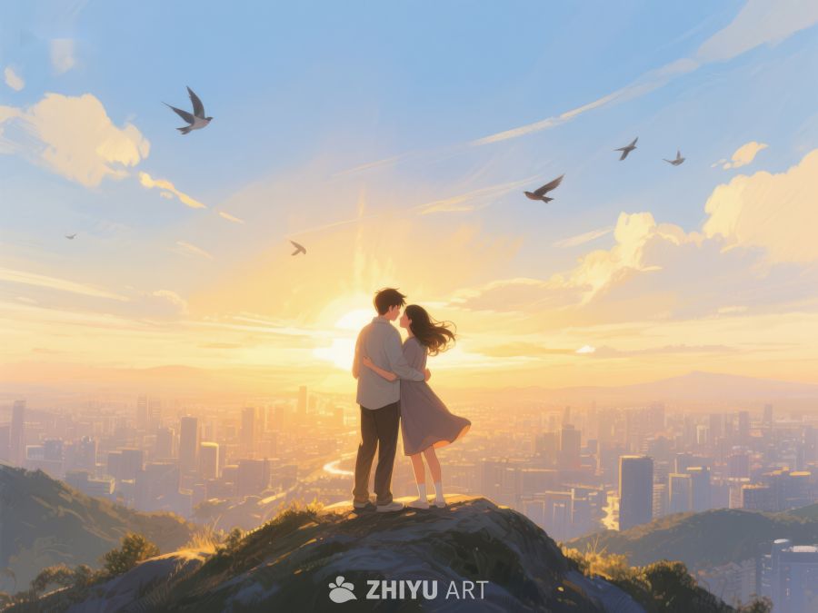 情侣山顶拥抱，城市夕阳背景 557