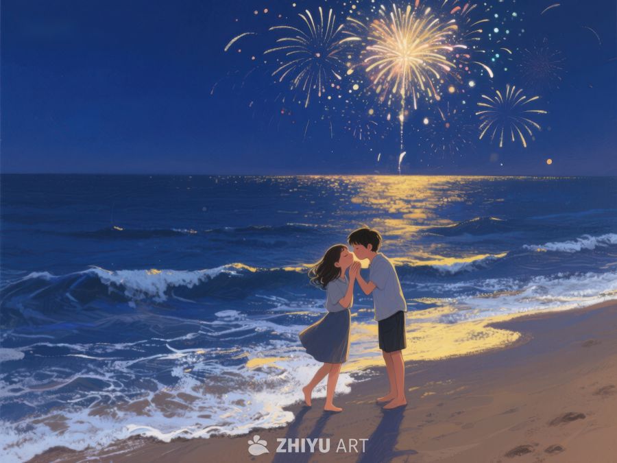 海边烟花下的浪漫亲吻 225