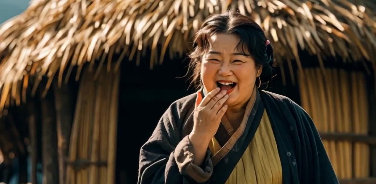 一位女性在画面中心，她面带笑容，用手遮住嘴巴，似乎