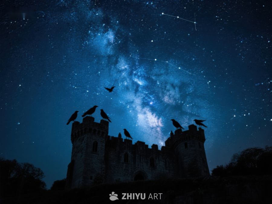夜空下的古堡与飞翔的鸟群 288