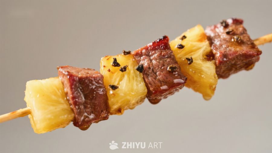烤肉串上的菠萝与牛肉