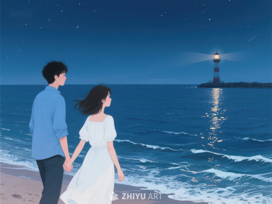 夜海边的灯塔与情侣 921