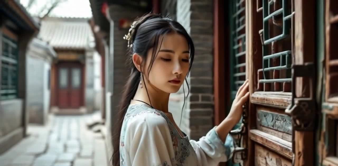 女子放开扶着木门的手，身体缓慢地转向镜头，镜头向后