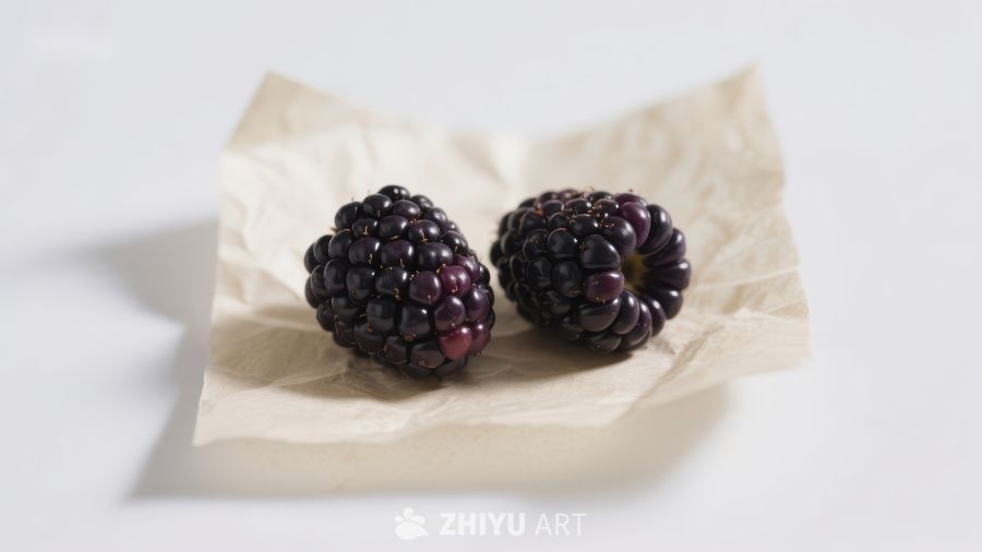 两颗黑莓置于纸巾上