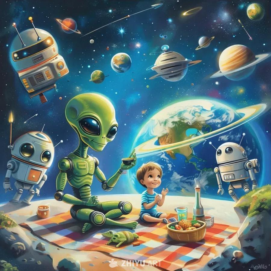 外星人与一个孩子在地球上野餐，享受着地球的多样性。