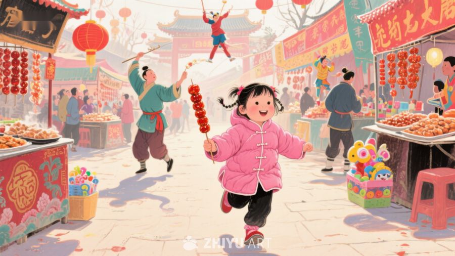 热闹春节市场，小女孩手持糖葫芦 775