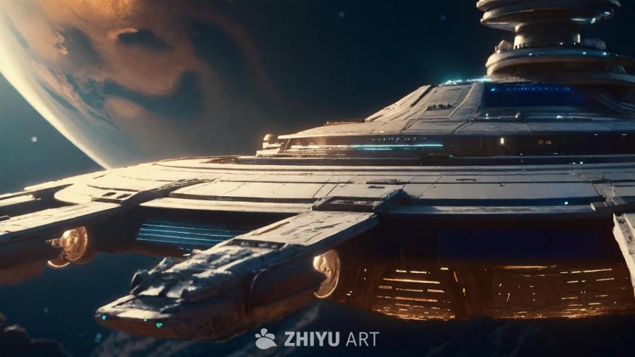 一艘大型宇宙飞船悬浮在空中，背景是巨大的星球，飞船