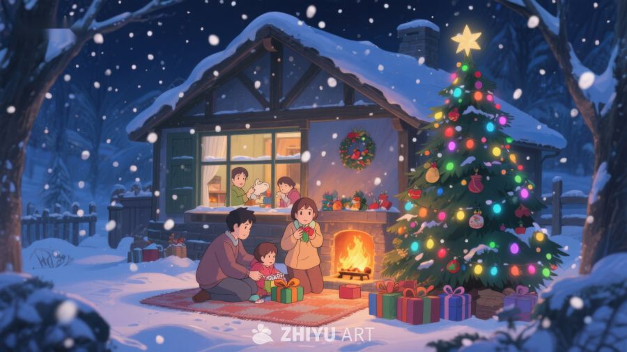 雪夜温馨家庭圣诞树前欢聚 417