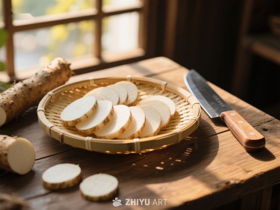 切片山药置于竹篮，木桌旁配刀具 331
