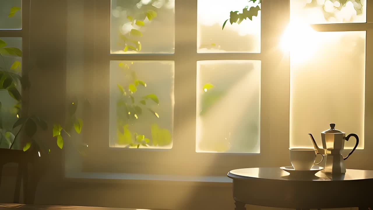 阳光透过窗户，照在屋内。窗外有绿色的植物。桌子上放