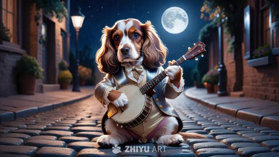 一只可卡犬穿着古董丝绸西装，在月光下的鹅卵石街道上