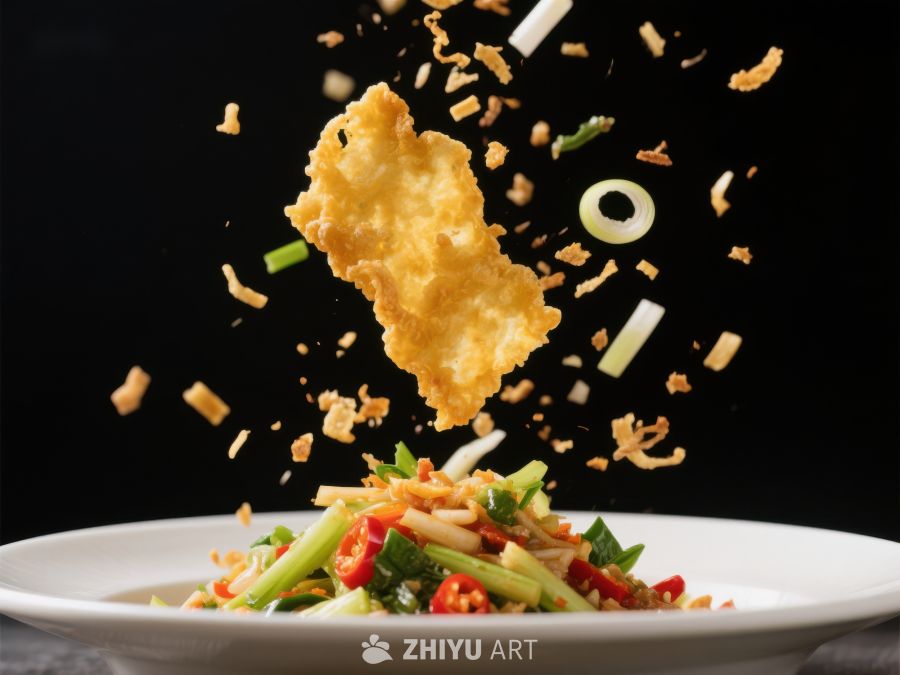 脆皮食材空中飞舞，色彩缤纷的沙拉特写 113