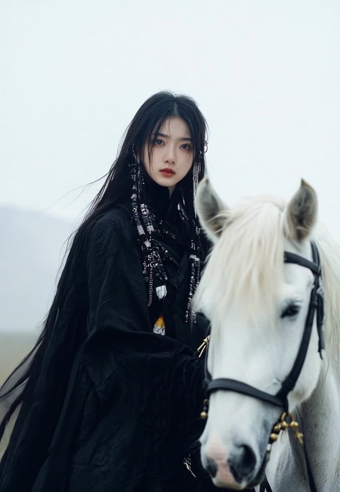 黑衣少女与白马的静谧肖像