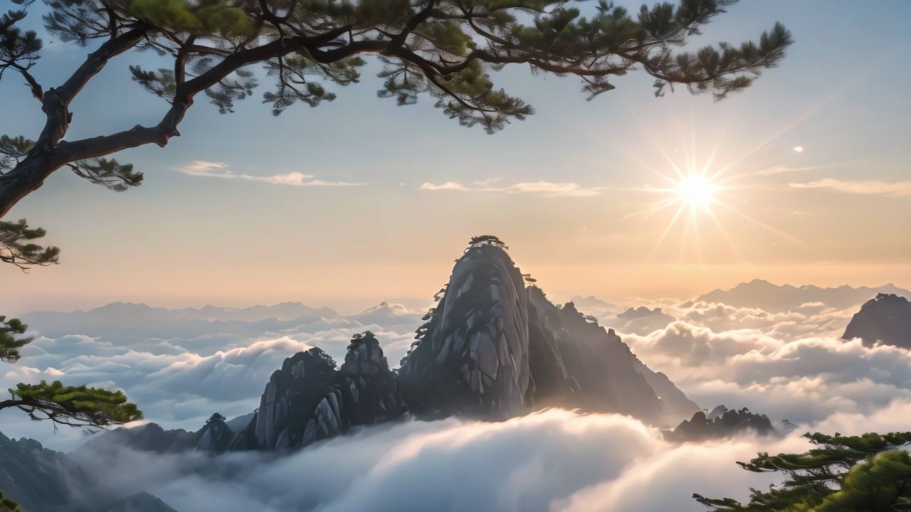 黄山迎客松日出日落云海航拍延时 29