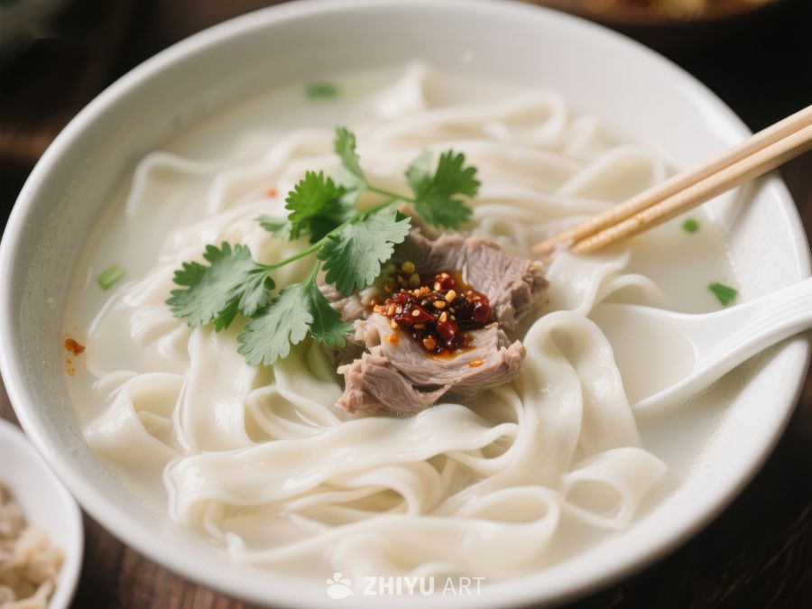热腾腾的面条配牛肉和香菜 979
