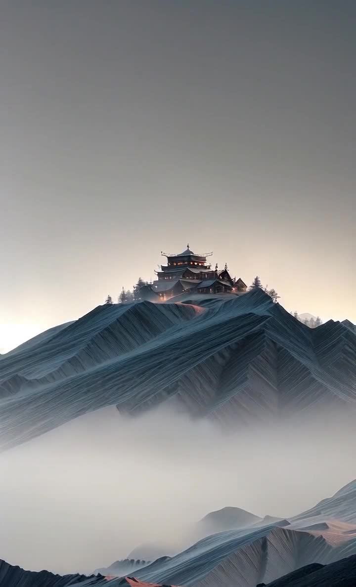 镜头缓缓拉近，一座山顶上坐落着一座中式建筑，建筑在
