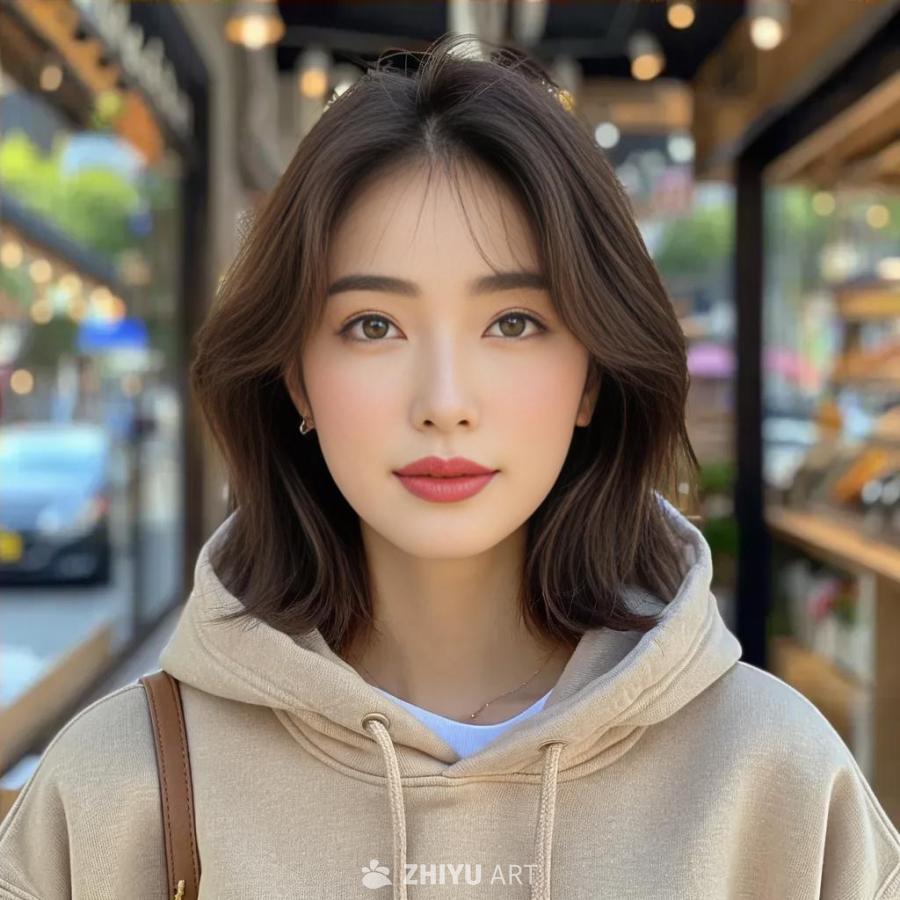 一位拥有粉红色脸颊的白皙皮肤亚洲女性。她身材苗条，