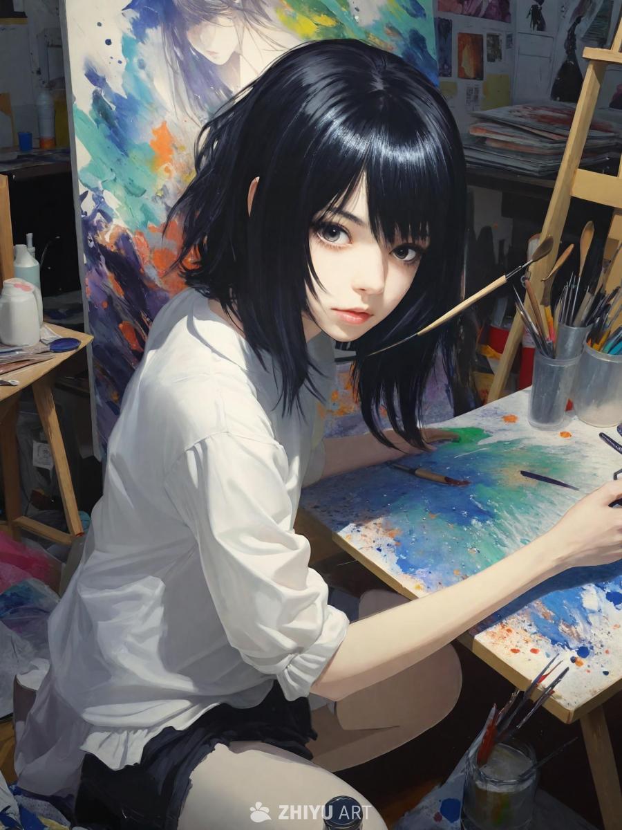 一位女孩跪在画布前，手拿画笔轻放在画布上。画布很大