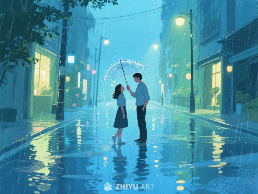 雨夜街头，伞下情侣 1065