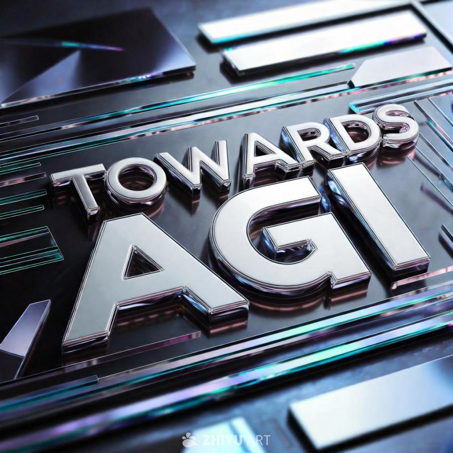 金属质感的“TOWARDS AGI”文字标志位于具