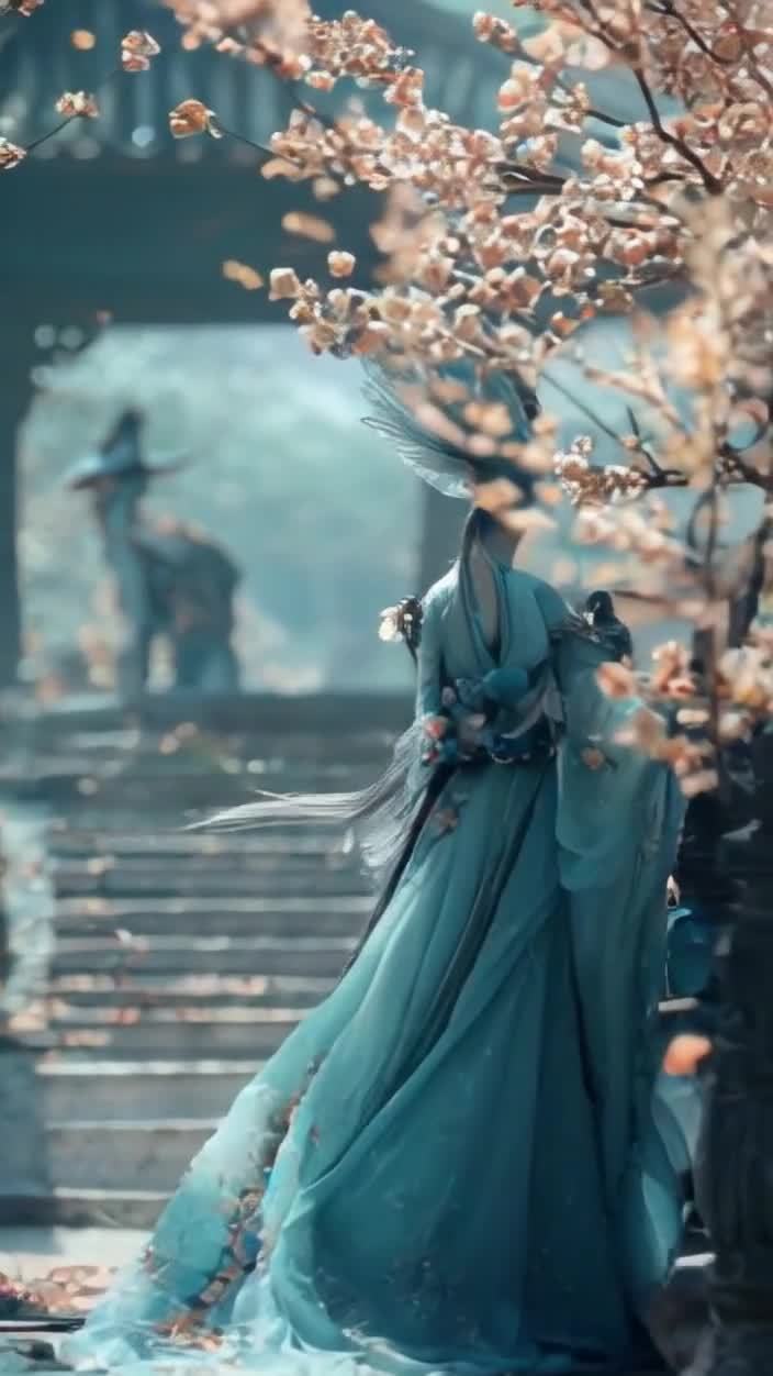 鸟面具生物庭院回眸，长袍飞舞，绘画风。