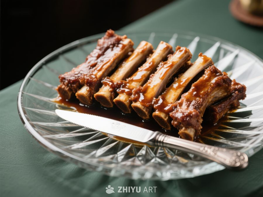 酱汁排骨配刀具，玻璃盘中呈现 298
