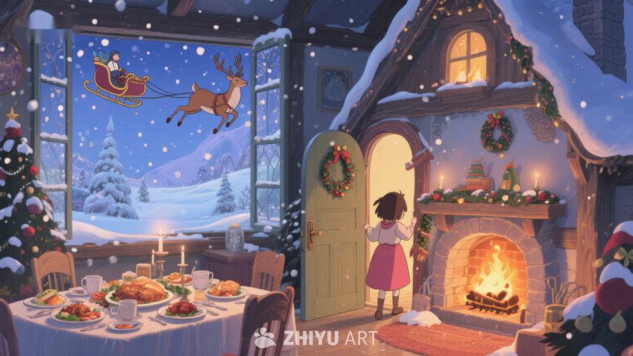 温馨圣诞夜，小女孩注视窗外雪景 330