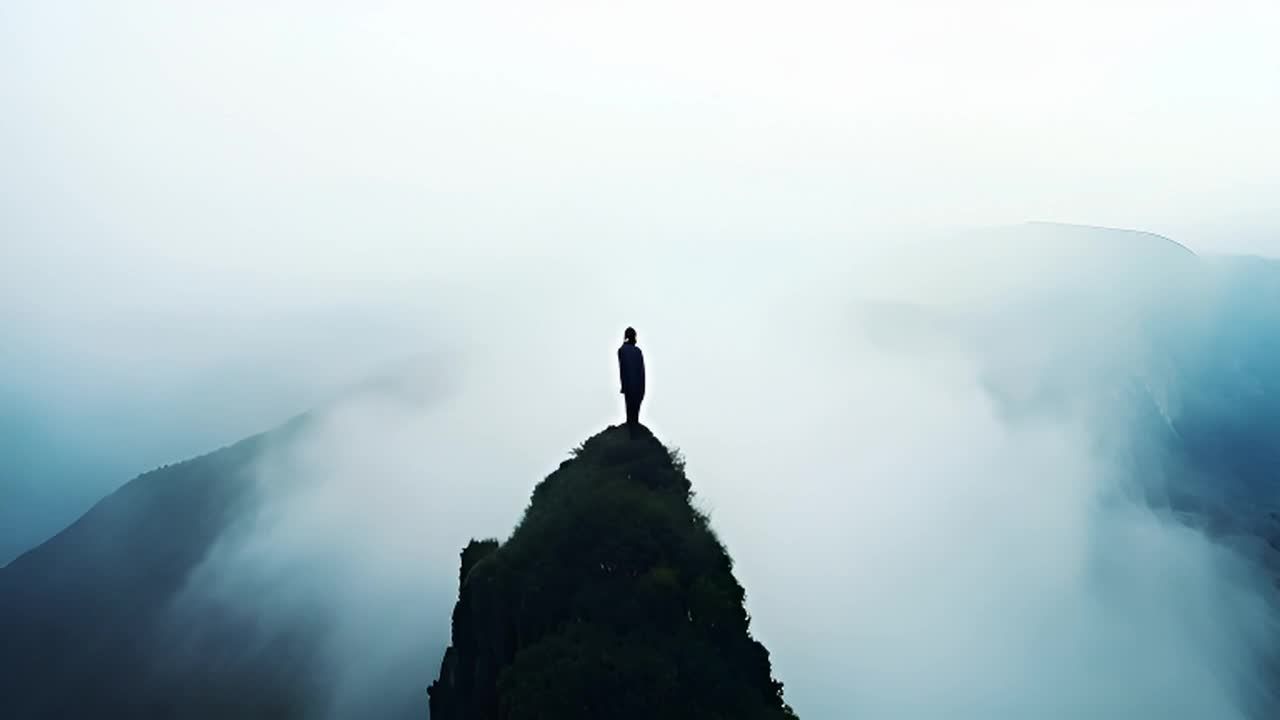 一个人站在悬崖边，面朝地平线。周围是雾气缭绕的山峰