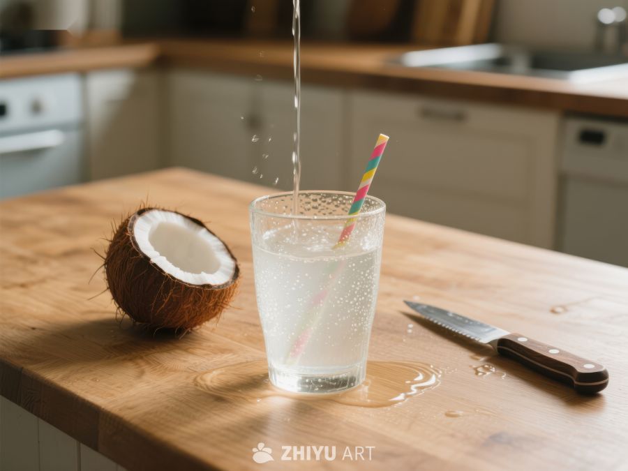椰子水倒入玻璃杯 761