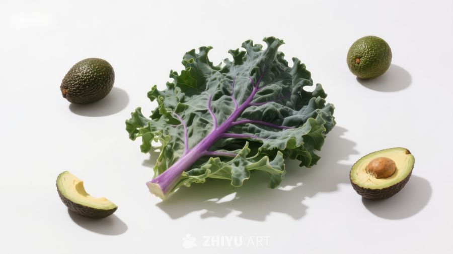 羽衣甘蓝与牛油果的静物组合