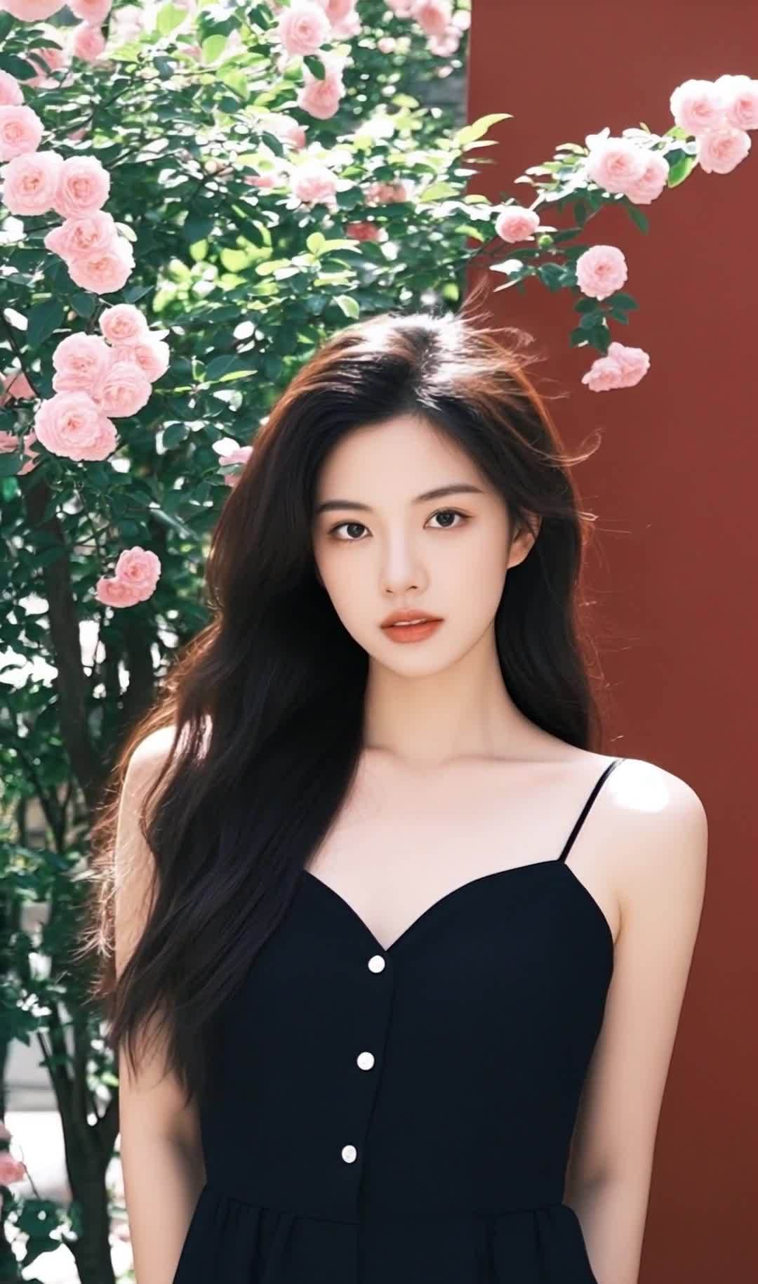 黑裙长发女孩，粉色玫瑰花背景下的肖像