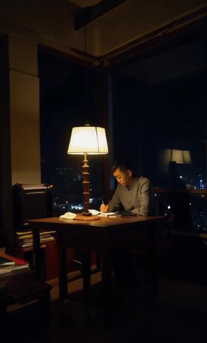 夜晚书房内，台灯下男子伏案书写。
