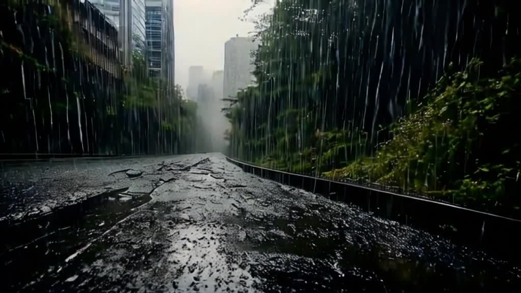 雨水倾泻而下，模糊了远处的建筑物。道路表面有裂缝和