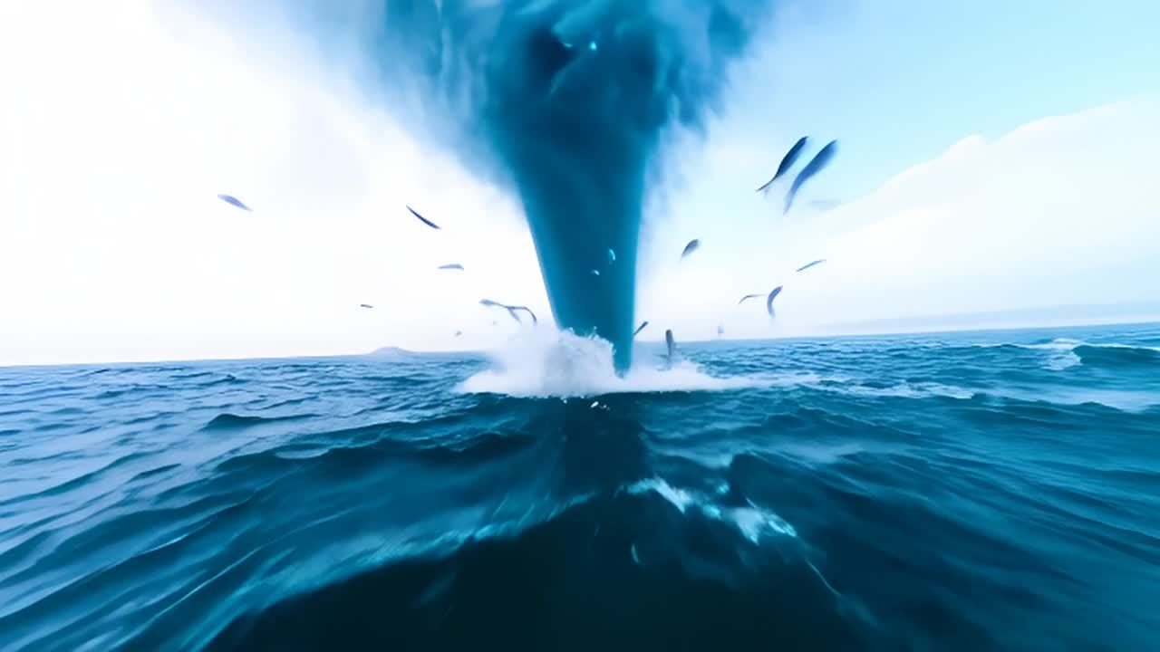 海水表面形成了一个龙卷风，将鱼类抛向空中。水花四溅