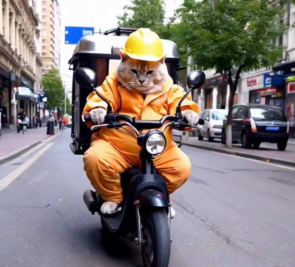 一只胖猫骑着电动滑板车行驶在城市街道上，它穿着黄色