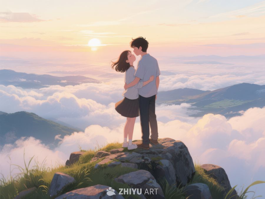 山顶情侣拥抱，云海日出美景 651