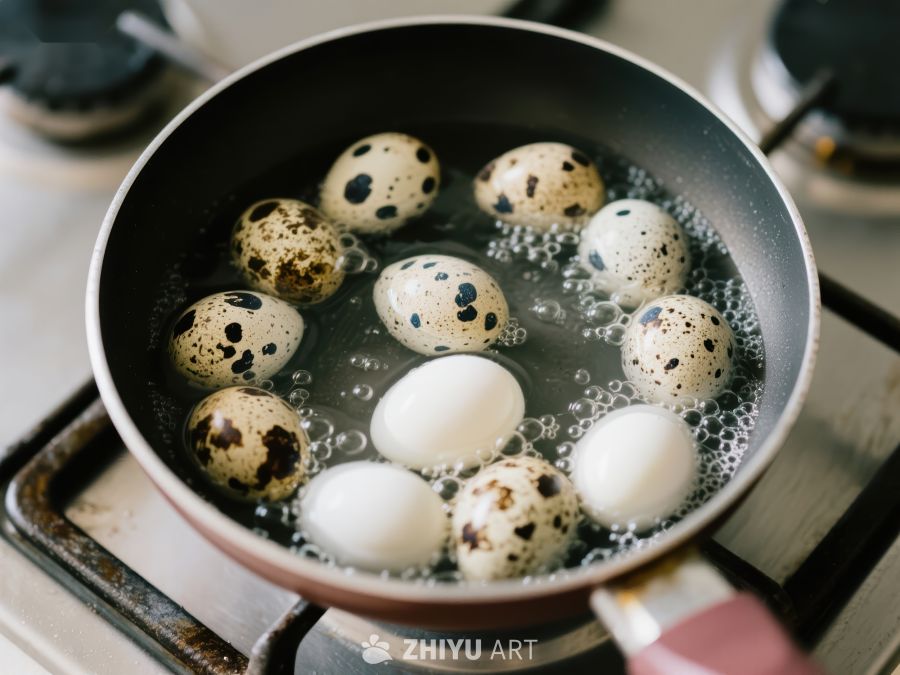 锅中煮沸的鹌鹑蛋和鸡蛋 108