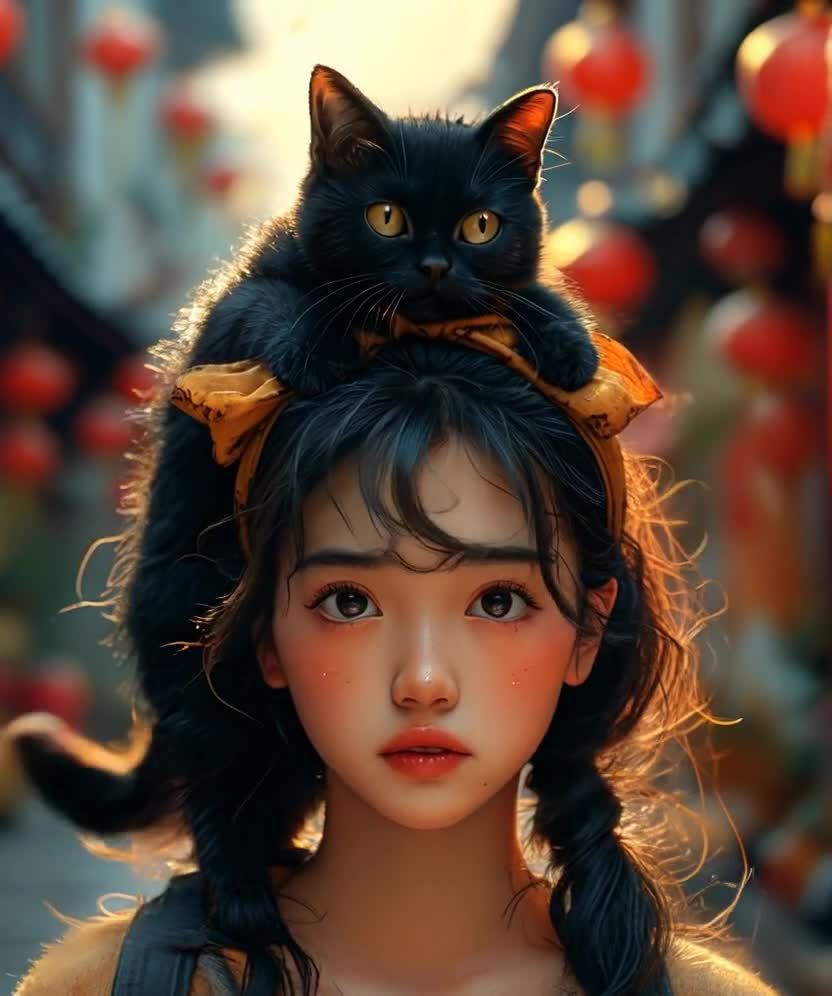 一只黑猫戴着黄色的发带，坐在一个女孩的头上。女孩有