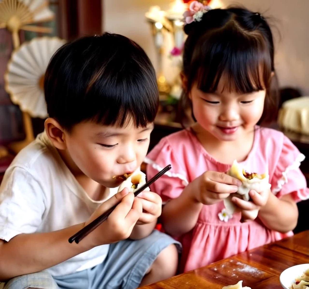 一个中国小男孩和一个小女孩坐在木质桌子旁。男孩穿着